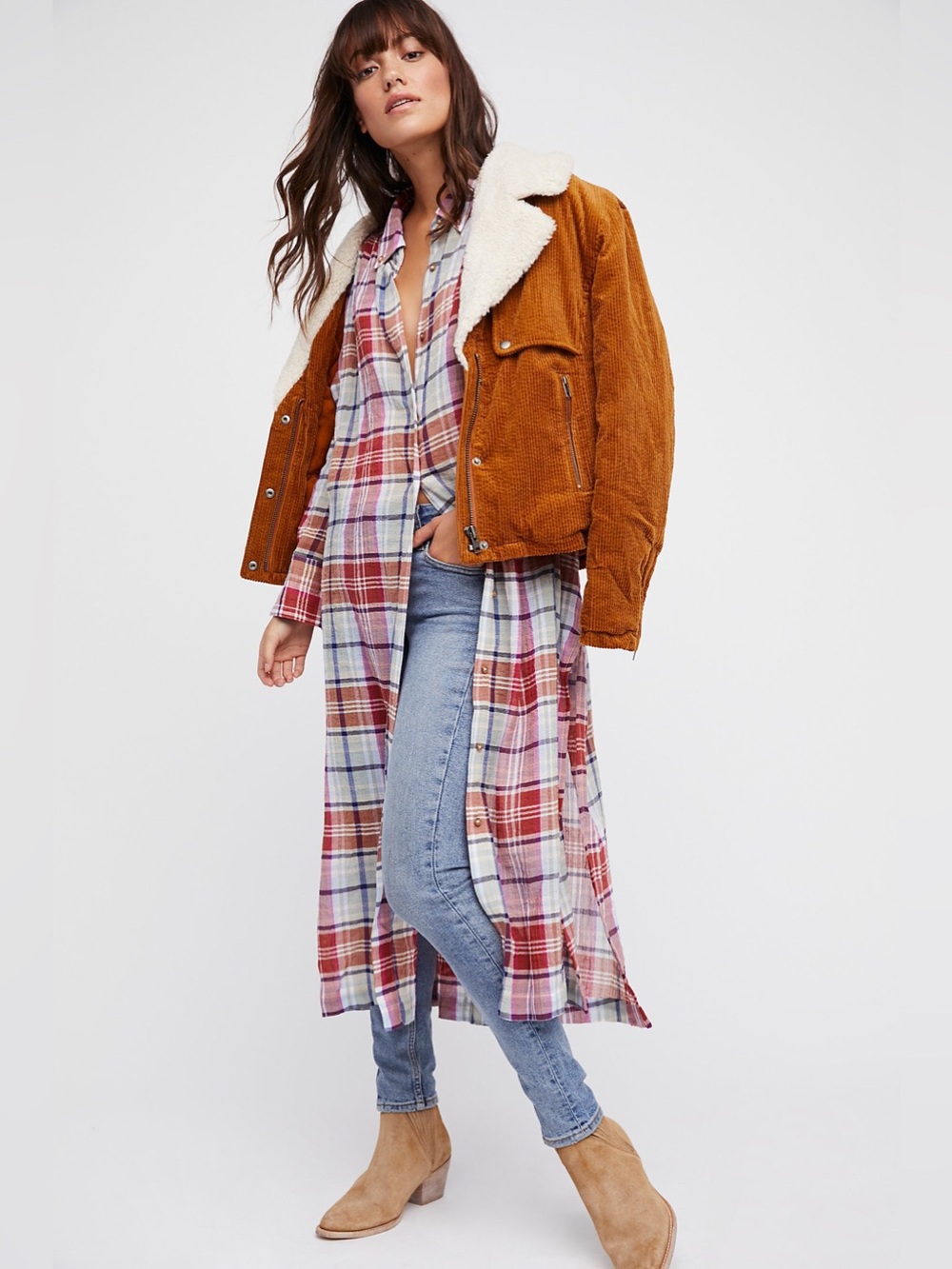 Free People By My Side Plaid Oversized Tunic Dress Cottagecore Western Bohemian